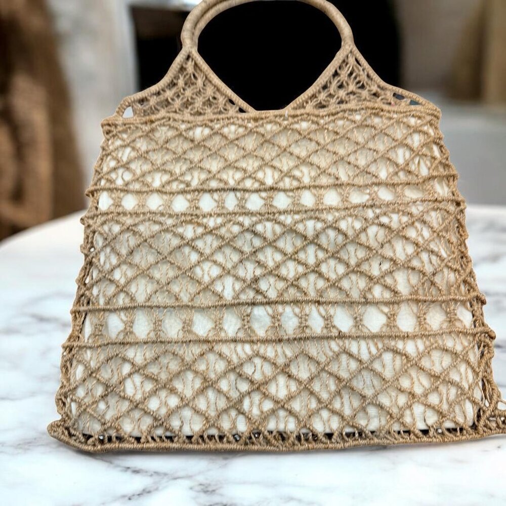 Vintage Crochet Jute Handbag With Lining Double Handles - Picture 8 of 8